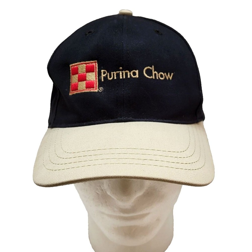 VTG Purina Chow Ball Cap Hat Black w/ Beige Bill Strap Back  OSFA HTF